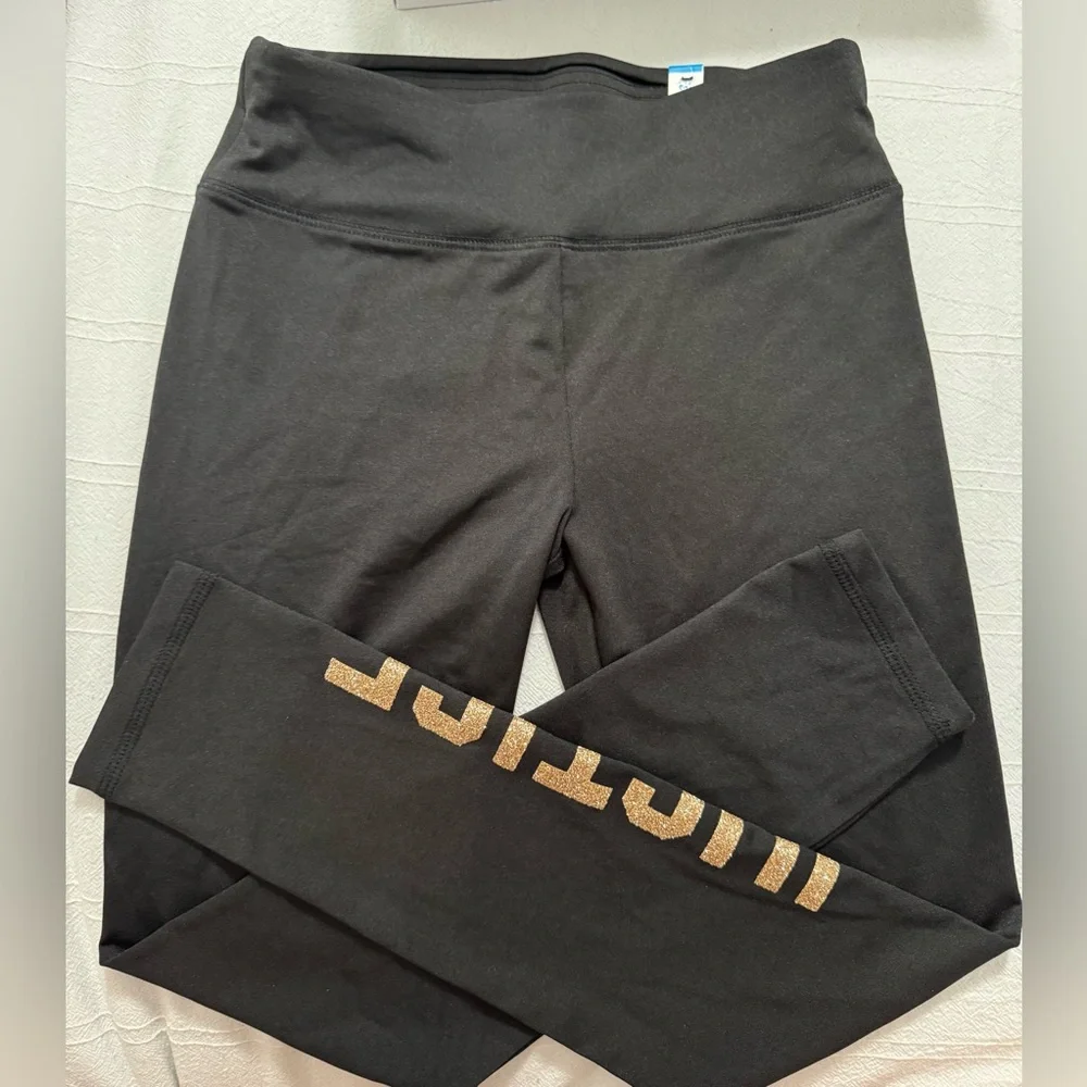 JUSTICE Girls Leggings in Black with Gold Sparkle Logo Size 10